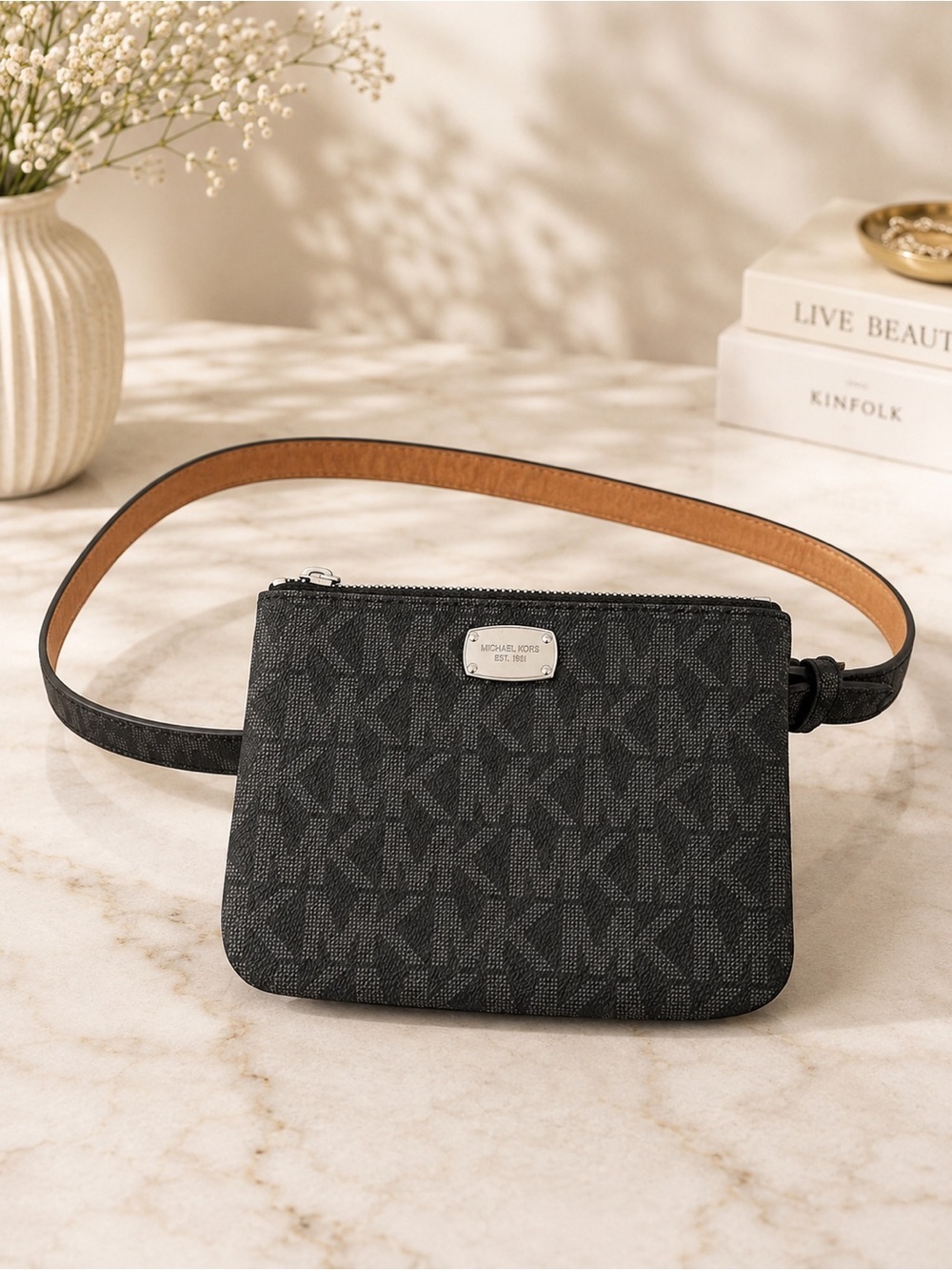 Michael Kors Black Belt Bag Waist Pack Signature Zip Pouch Adjustable